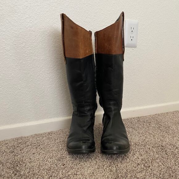 Steve Madden Rogerrr Black Brown‎ Leather Zip Knee High Riding Boots Women 7.5M - Picture 2 of 16